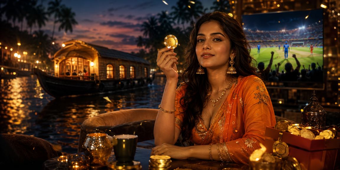 Scenic Kerala backwaters with cricket betting concept and Indian rupees